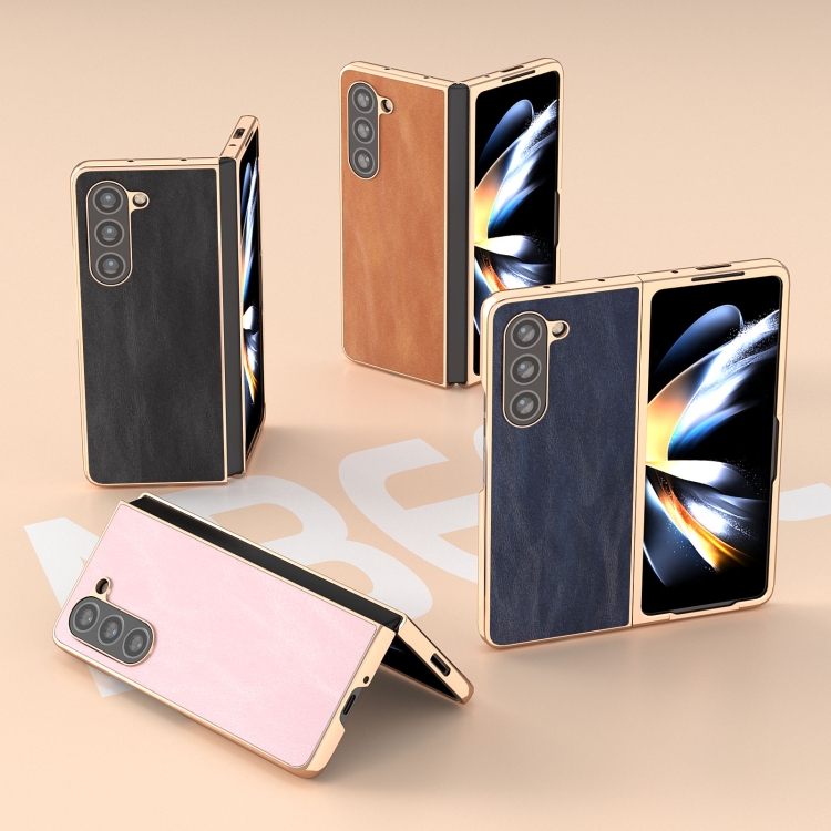 For Samsung Galaxy Z Fold5 Nano Plating Cowhide Texture PU Phone Case(Black) For Samsung Galaxy Z Fold5 Nano Plating Cowhide Texture PU Phone Case(Black)