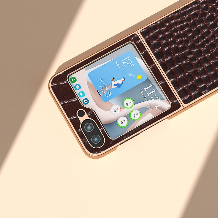 For Samsung Galaxy Z Flip5 Crocodile Texture Genuine Leather Nano Electroplating Phone Case(Coffee) For Samsung Galaxy Z Flip5 Crocodile Texture Genuine Leather Nano Electroplating Phone Case(Coffee)
