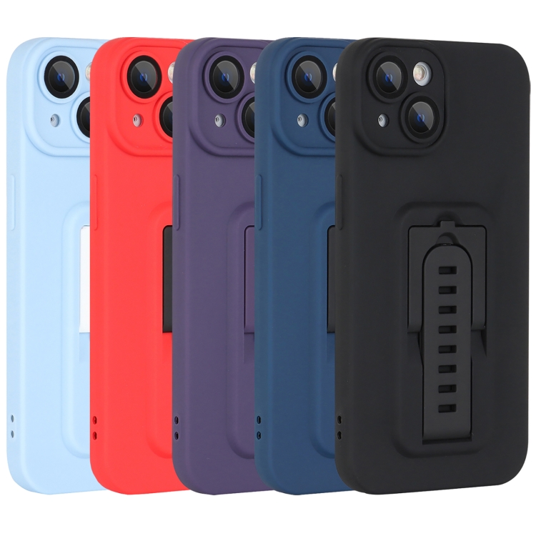 For iPhone 15 Strap Holder Shockproof Protective Phone Case with Lens Film(Blue + Black) For iPhone 15 Strap Holder Shockproof Protective Phone Case with Lens Film(Blue + Black)