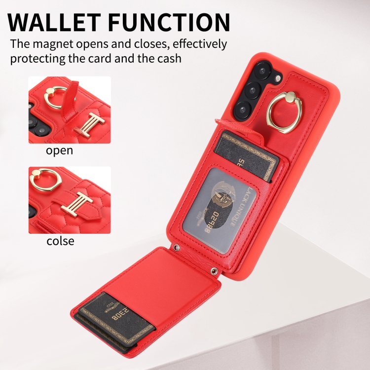 For Samsung Galaxy S23 5G Vertical Card Bag Ring Holder Phone Case with Dual Lanyard(Red) For Samsung Galaxy S23 5G Vertical Card Bag Ring Holder Phone Case with Dual Lanyard(Red)