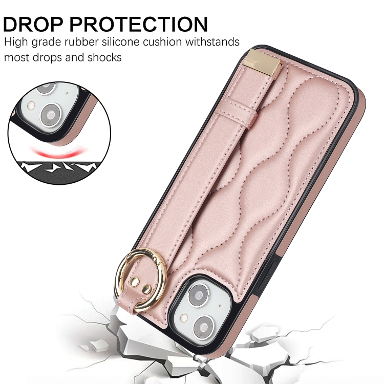For iPhone 14 Plus Non-slip Full Coverage Ring PU Phone Case with Wristband(Rose Gold) For iPhone 14 Plus Non-slip Full Coverage Ring PU Phone Case with Wristband(Rose Gold)