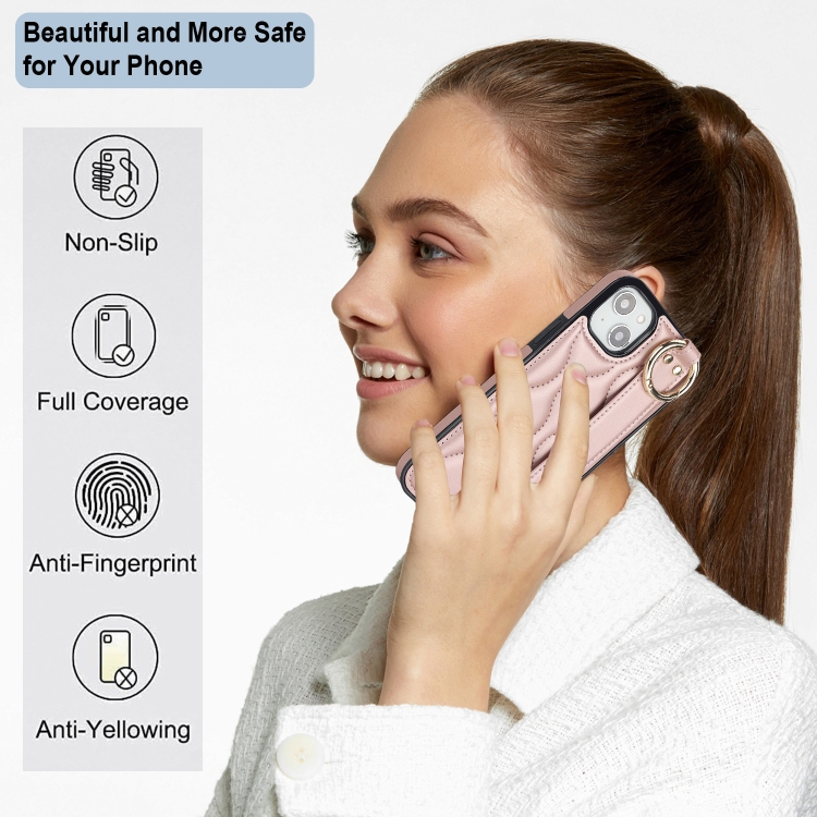 For iPhone 14 Plus Non-slip Full Coverage Ring PU Phone Case with Wristband(Rose Gold) For iPhone 14 Plus Non-slip Full Coverage Ring PU Phone Case with Wristband(Rose Gold)