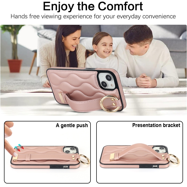 For iPhone 14 Plus Non-slip Full Coverage Ring PU Phone Case with Wristband(Rose Gold) For iPhone 14 Plus Non-slip Full Coverage Ring PU Phone Case with Wristband(Rose Gold)