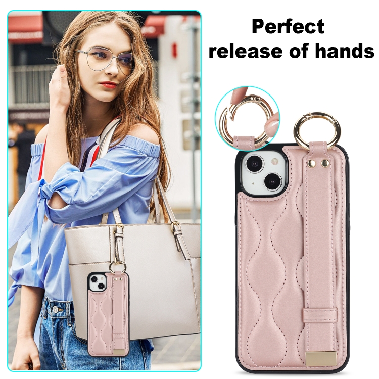 For iPhone 14 Plus Non-slip Full Coverage Ring PU Phone Case with Wristband(Rose Gold) For iPhone 14 Plus Non-slip Full Coverage Ring PU Phone Case with Wristband(Rose Gold)