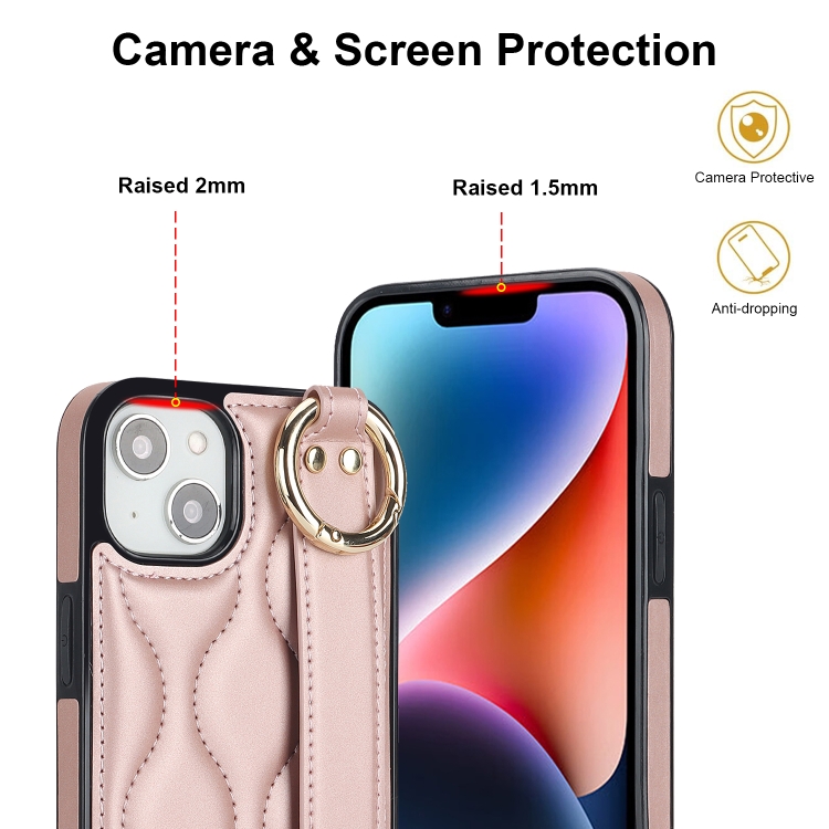 For iPhone 14 Plus Non-slip Full Coverage Ring PU Phone Case with Wristband(Rose Gold) For iPhone 14 Plus Non-slip Full Coverage Ring PU Phone Case with Wristband(Rose Gold)