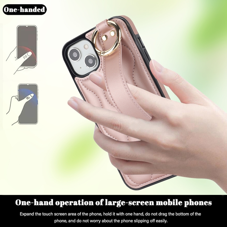 For iPhone 14 Plus Non-slip Full Coverage Ring PU Phone Case with Wristband(Rose Gold) For iPhone 14 Plus Non-slip Full Coverage Ring PU Phone Case with Wristband(Rose Gold)