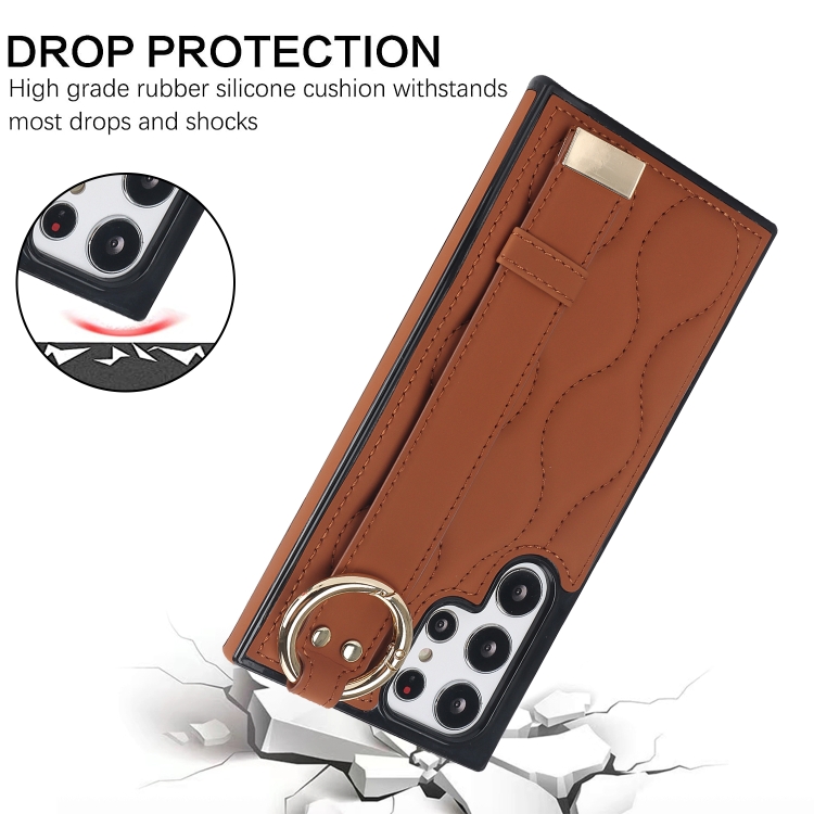For Samsung Galaxy S22 Ultra Non-slip Full Coverage Ring PU Phone Case with Wristband(Brown) For Samsung Galaxy S22 Ultra Non-slip Full Coverage Ring PU Phone Case with Wristband(Brown)