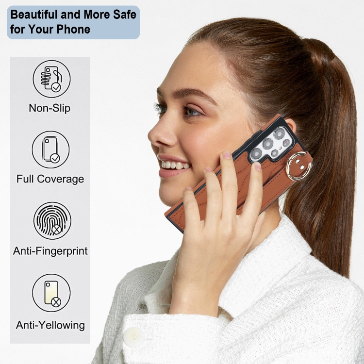 For Samsung Galaxy S22 Ultra Non-slip Full Coverage Ring PU Phone Case with Wristband(Brown) For Samsung Galaxy S22 Ultra Non-slip Full Coverage Ring PU Phone Case with Wristband(Brown)