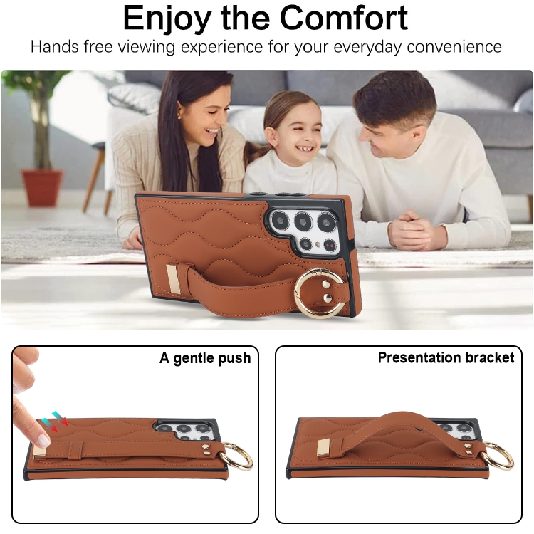 For Samsung Galaxy S22 Ultra Non-slip Full Coverage Ring PU Phone Case with Wristband(Brown) For Samsung Galaxy S22 Ultra Non-slip Full Coverage Ring PU Phone Case with Wristband(Brown)