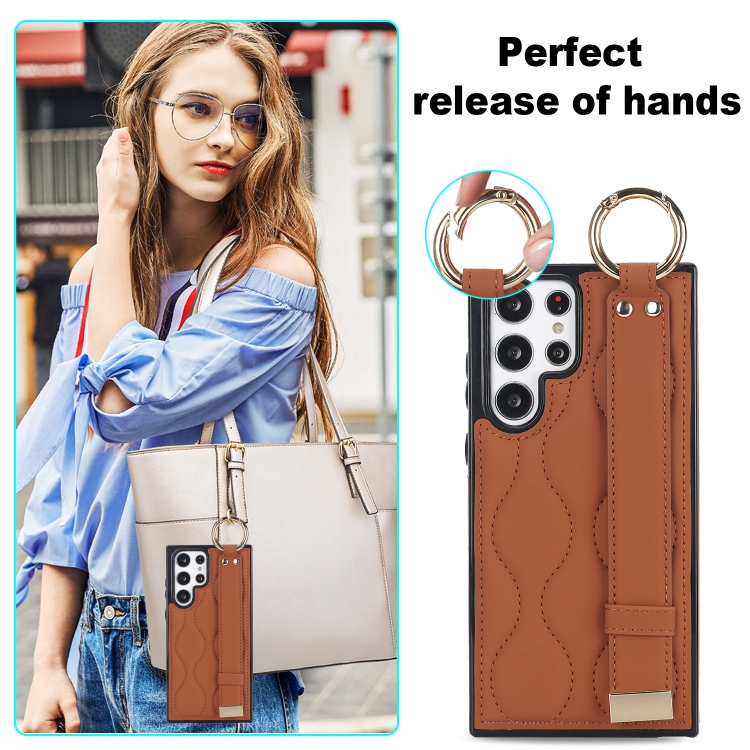 For Samsung Galaxy S22 Ultra Non-slip Full Coverage Ring PU Phone Case with Wristband(Brown) For Samsung Galaxy S22 Ultra Non-slip Full Coverage Ring PU Phone Case with Wristband(Brown)