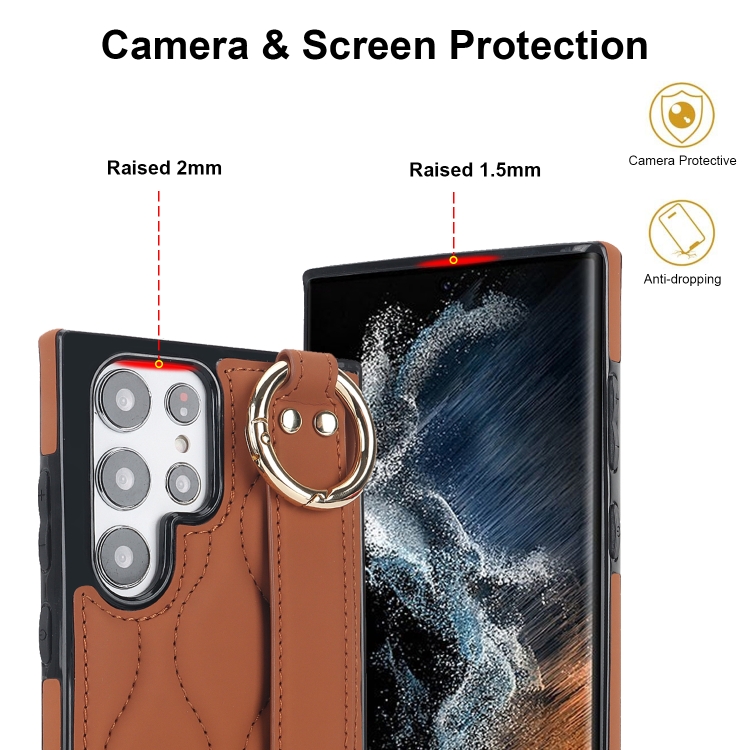 For Samsung Galaxy S22 Ultra Non-slip Full Coverage Ring PU Phone Case with Wristband(Brown) For Samsung Galaxy S22 Ultra Non-slip Full Coverage Ring PU Phone Case with Wristband(Brown)