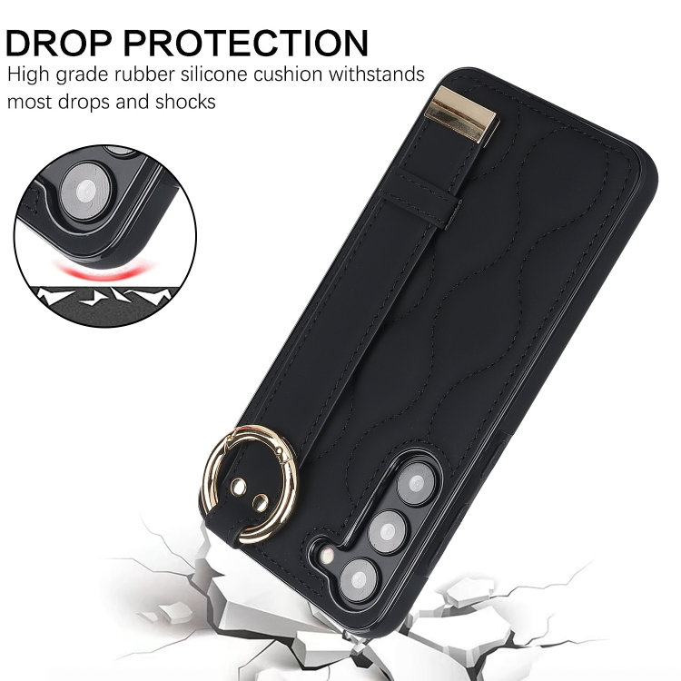 For Samsung Galaxy S23+ Non-slip Full Coverage Ring PU Phone Case with Wristband(Black)