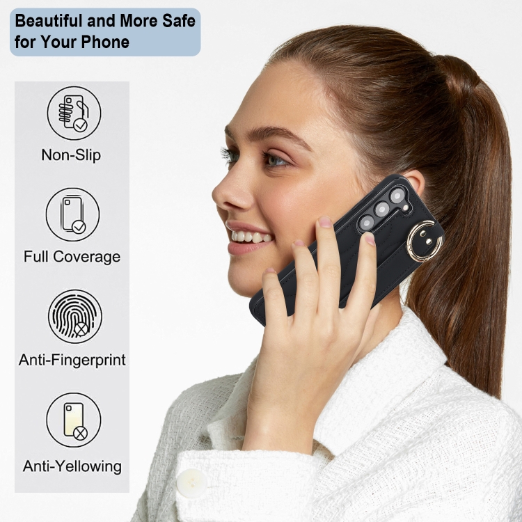 For Samsung Galaxy S23+ Non-slip Full Coverage Ring PU Phone Case with Wristband(Black)