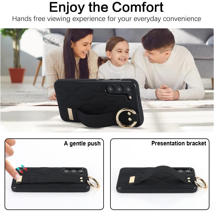 For Samsung Galaxy S23+ Non-slip Full Coverage Ring PU Phone Case with Wristband(Black)