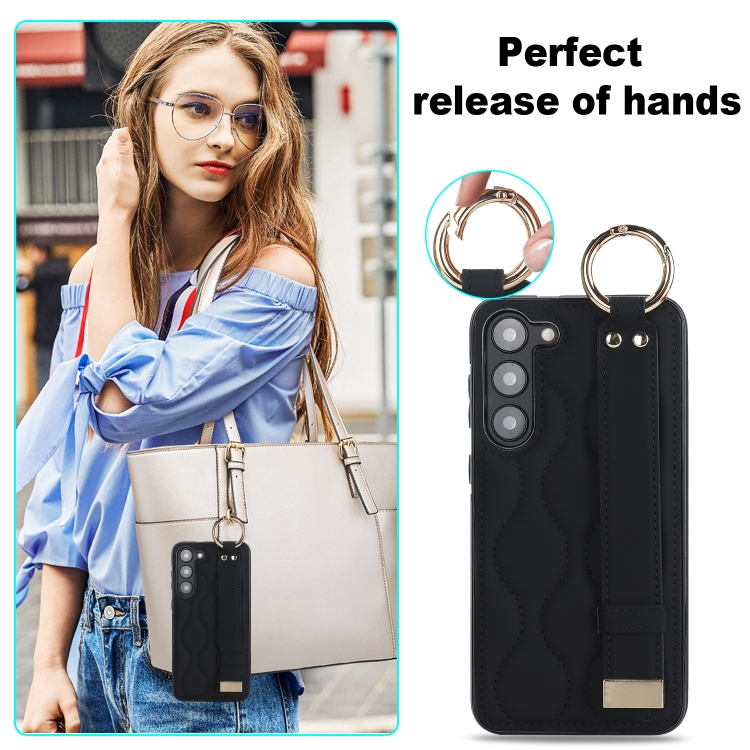 For Samsung Galaxy S23+ Non-slip Full Coverage Ring PU Phone Case with Wristband(Black)