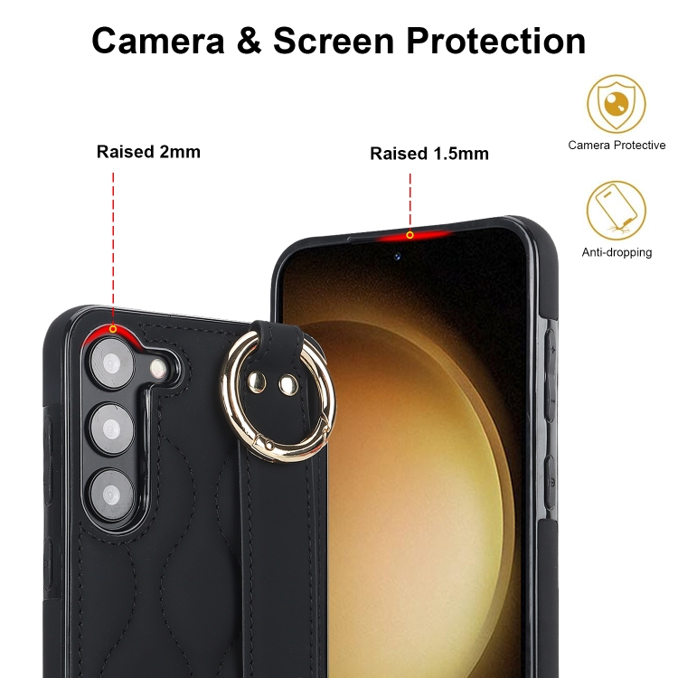 For Samsung Galaxy S23+ Non-slip Full Coverage Ring PU Phone Case with Wristband(Black)
