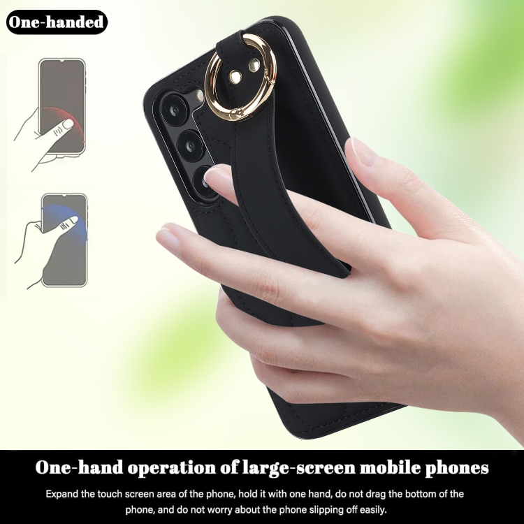 For Samsung Galaxy S23+ Non-slip Full Coverage Ring PU Phone Case with Wristband(Black)