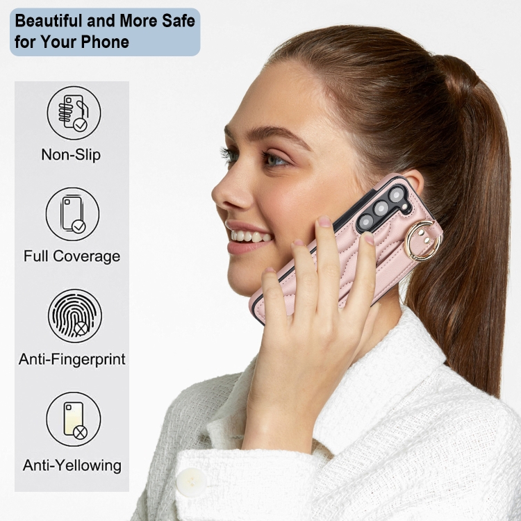 For Samsung Galaxy S23+ Non-slip Full Coverage Ring PU Phone Case with Wristband(Rose Gold) For Samsung Galaxy S23+ Non-slip Full Coverage Ring PU Phone Case with Wristband(Rose Gold)