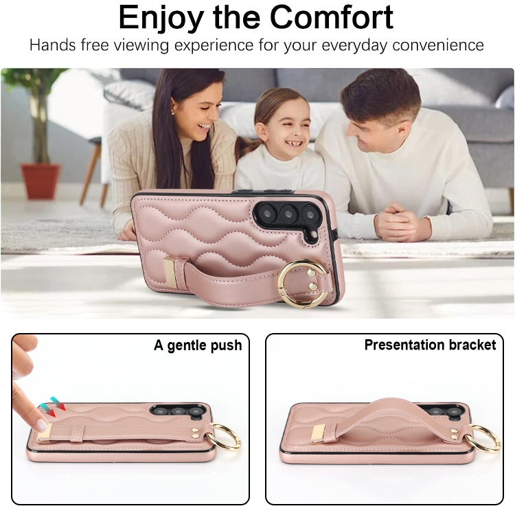 For Samsung Galaxy S23+ Non-slip Full Coverage Ring PU Phone Case with Wristband(Rose Gold) For Samsung Galaxy S23+ Non-slip Full Coverage Ring PU Phone Case with Wristband(Rose Gold)