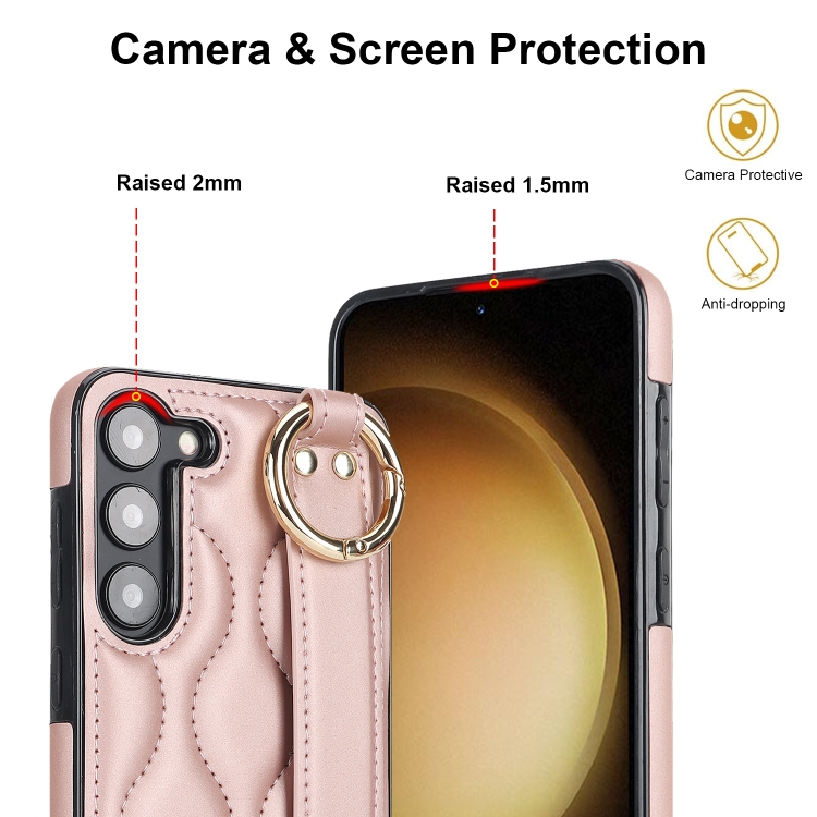 For Samsung Galaxy S23+ Non-slip Full Coverage Ring PU Phone Case with Wristband(Rose Gold) For Samsung Galaxy S23+ Non-slip Full Coverage Ring PU Phone Case with Wristband(Rose Gold)