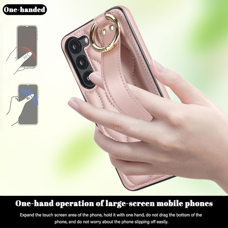 For Samsung Galaxy S23+ Non-slip Full Coverage Ring PU Phone Case with Wristband(Rose Gold) For Samsung Galaxy S23+ Non-slip Full Coverage Ring PU Phone Case with Wristband(Rose Gold)