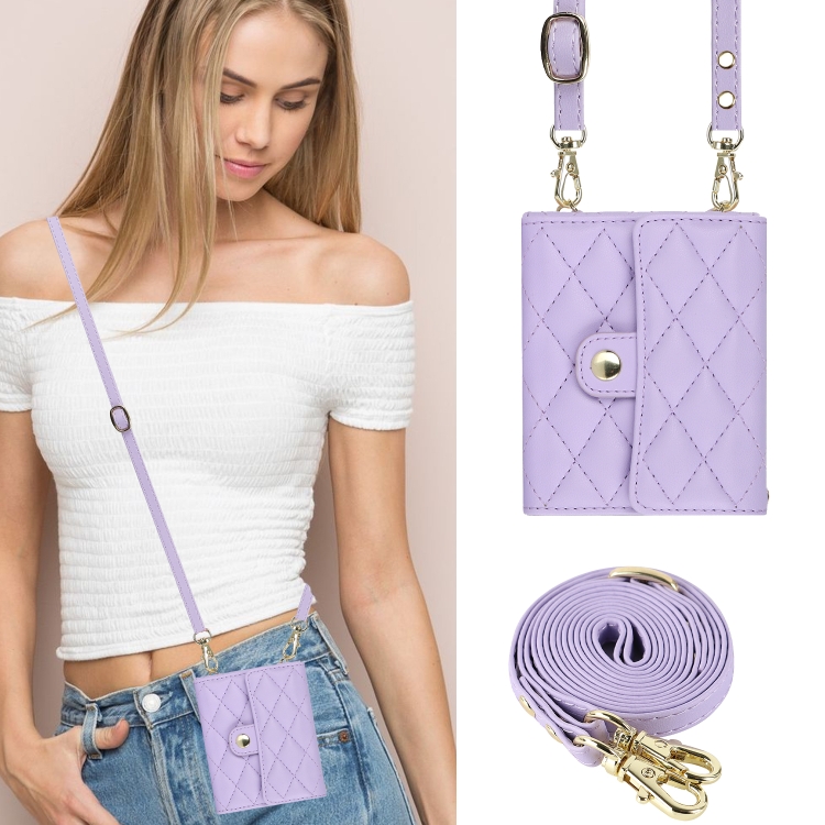 For Samsung Galaxy Z Flip6 Rhombic Texture Card Bag PU Phone Case with Long Lanyard(Purple)