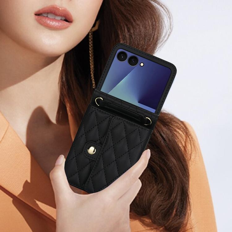 For Samsung Galaxy Z Flip7 5G Rhombic Texture Card Bag PU Phone Case with Long Lanyard(Black)