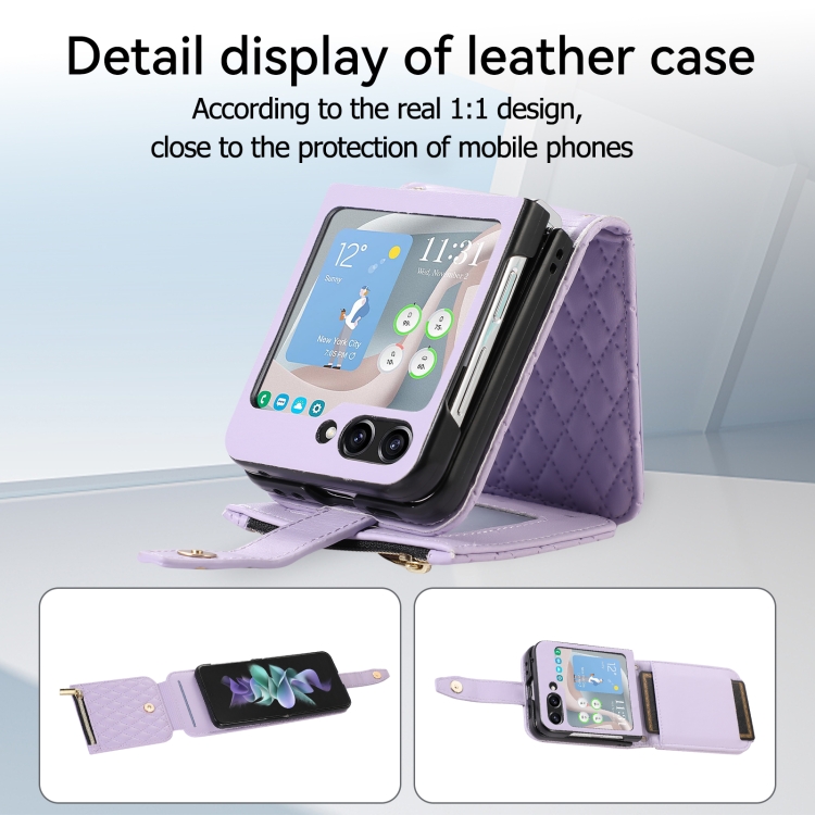 For Samsung Galaxy Z Flip5 Crossbody Diamond Lattice Folding Leather Phone Case(Purple) For Samsung Galaxy Z Flip5 Crossbody Diamond Lattice Folding Leather Phone Case(Purple)