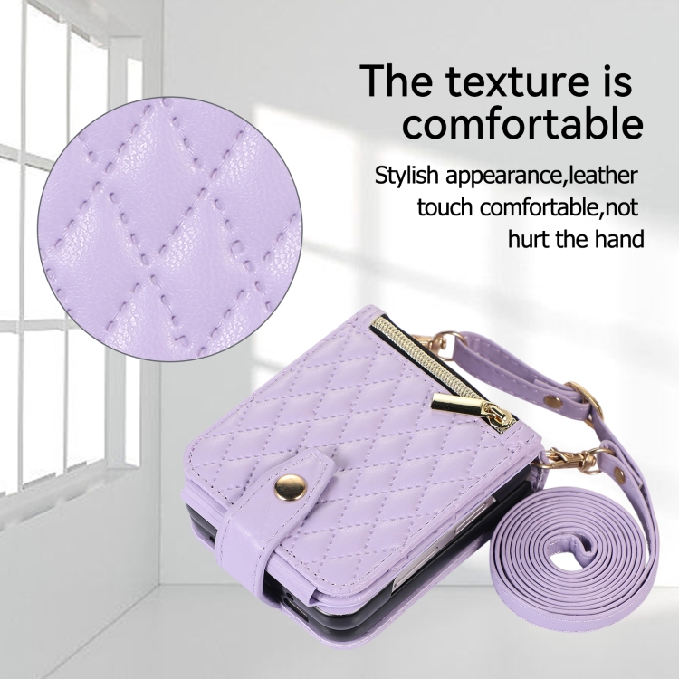 For Samsung Galaxy Z Flip5 Crossbody Diamond Lattice Folding Leather Phone Case(Purple) For Samsung Galaxy Z Flip5 Crossbody Diamond Lattice Folding Leather Phone Case(Purple)