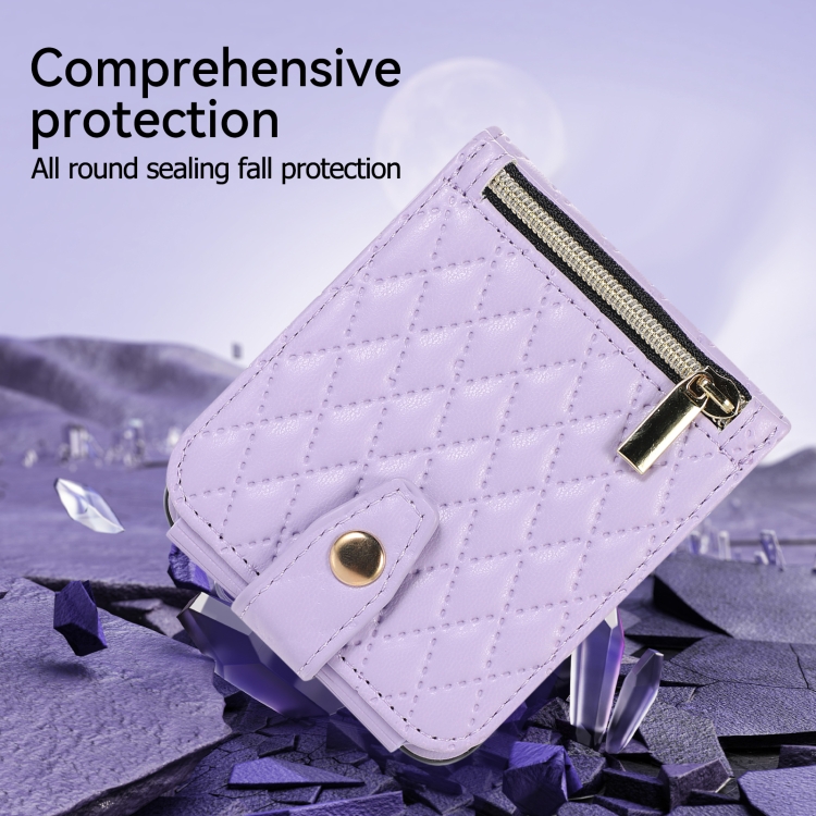 For Samsung Galaxy Z Flip5 Crossbody Diamond Lattice Folding Leather Phone Case(Purple) For Samsung Galaxy Z Flip5 Crossbody Diamond Lattice Folding Leather Phone Case(Purple)