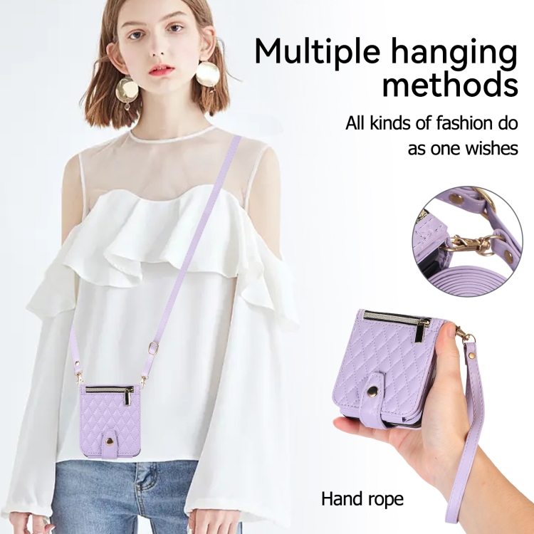 For Samsung Galaxy Z Flip5 Crossbody Diamond Lattice Folding Leather Phone Case(Purple) For Samsung Galaxy Z Flip5 Crossbody Diamond Lattice Folding Leather Phone Case(Purple)