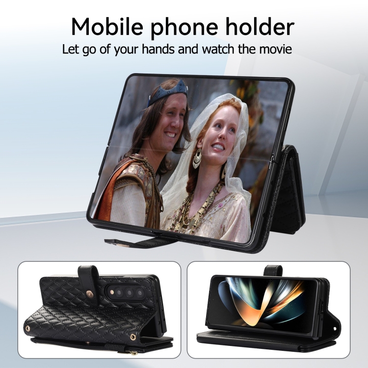 For Samsung Galaxy Z Fold4 Crossbody Diamond Lattice Folding Leather Phone Case(Black) For Samsung Galaxy Z Fold4 Crossbody Diamond Lattice Folding Leather Phone Case(Black)