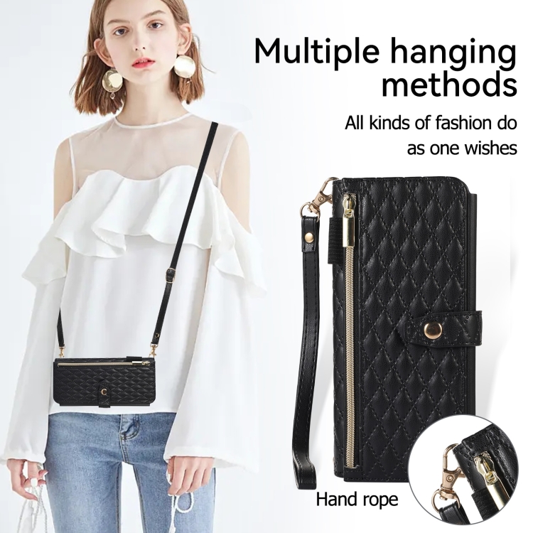 For Samsung Galaxy Z Fold4 Crossbody Diamond Lattice Folding Leather Phone Case(Black) For Samsung Galaxy Z Fold4 Crossbody Diamond Lattice Folding Leather Phone Case(Black)