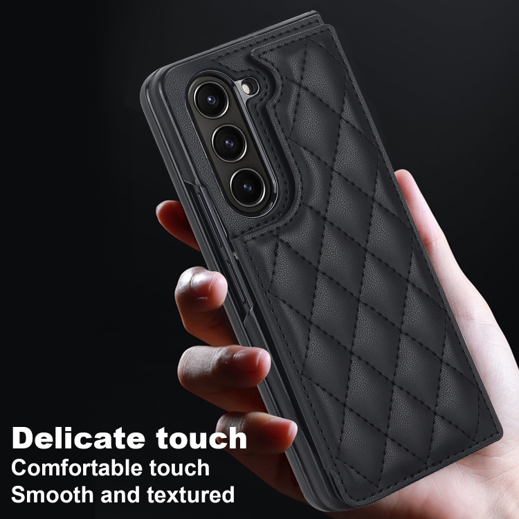 For Samsung Galaxy Z Fold5 Rhombic Texture Full Coverage Fold Double Buckle PU Phone Case(Black) For Samsung Galaxy Z Fold5 Rhombic Texture Full Coverage Fold Double Buckle PU Phone Case(Black)