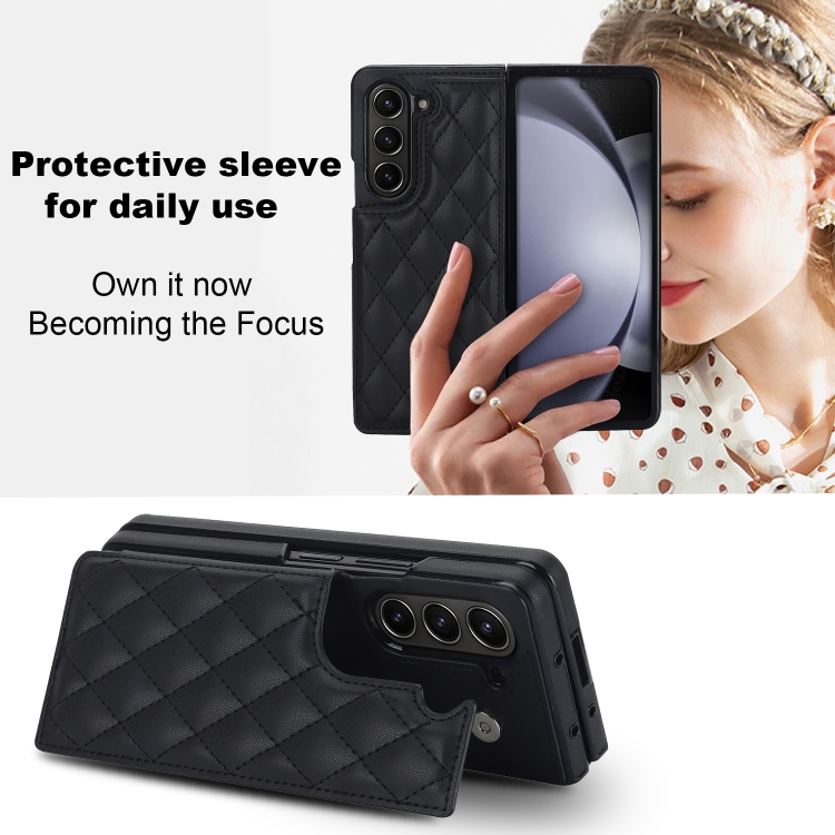 For Samsung Galaxy Z Fold5 Rhombic Texture Full Coverage Fold Double Buckle PU Phone Case(Black) For Samsung Galaxy Z Fold5 Rhombic Texture Full Coverage Fold Double Buckle PU Phone Case(Black)