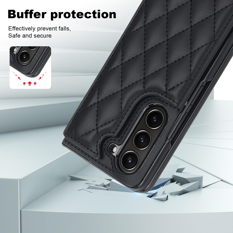 For Samsung Galaxy Z Fold5 Rhombic Texture Full Coverage Fold Double Buckle PU Phone Case(Black) For Samsung Galaxy Z Fold5 Rhombic Texture Full Coverage Fold Double Buckle PU Phone Case(Black)
