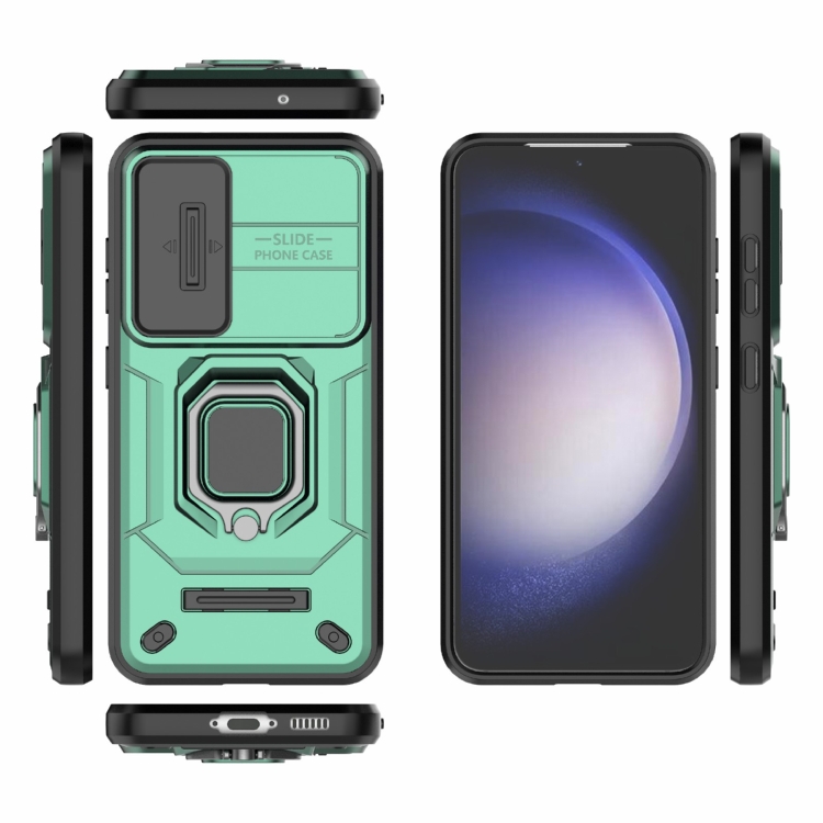 For Samsung Galaxy S23 5G Sliding Camshield TPU + PC Shockproof Phone Case with Holder(Green)