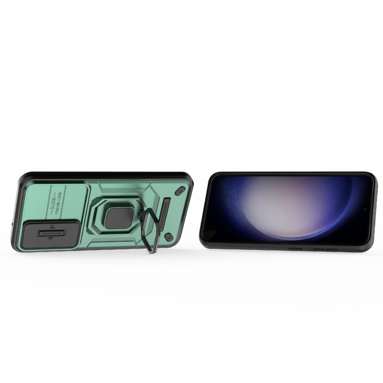 For Samsung Galaxy S23 5G Sliding Camshield TPU + PC Shockproof Phone Case with Holder(Green)
