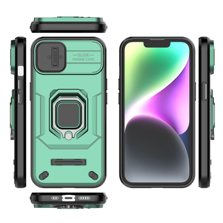 For iPhone 14 Sliding Camshield TPU + PC Shockproof Phone Case with Holder(Green) - 1