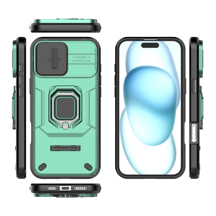 For iPhone 16 Plus Sliding Camshield TPU + PC Shockproof Phone Case with Holder(Green) For iPhone 16 Plus Sliding Camshield TPU + PC Shockproof Phone Case with Holder(Green)
