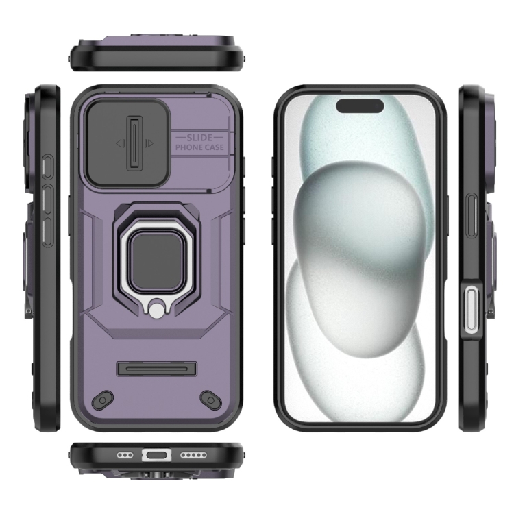 For iPhone 16 Sliding Camshield TPU + PC Shockproof Phone Case with Holder(Purple)