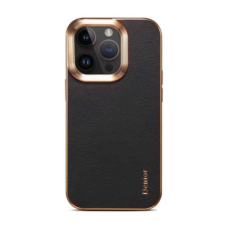For iPhone 14 Plus Denior Cowhide Leather Plating Phone Case(Black) For iPhone 14 Plus Denior Cowhide Leather Plating Phone Case(Black)