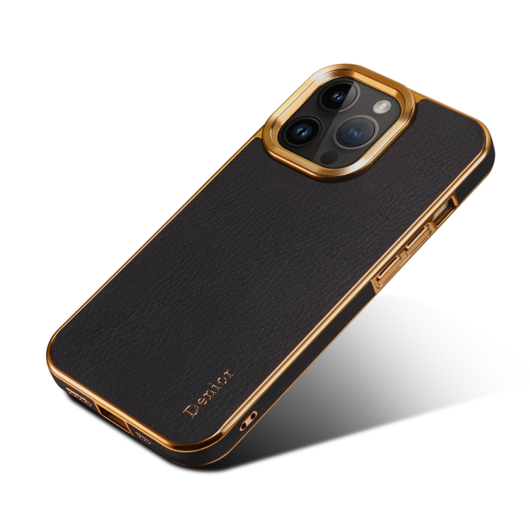 For iPhone 14 Plus Denior Cowhide Leather Plating Phone Case(Black) For iPhone 14 Plus Denior Cowhide Leather Plating Phone Case(Black)