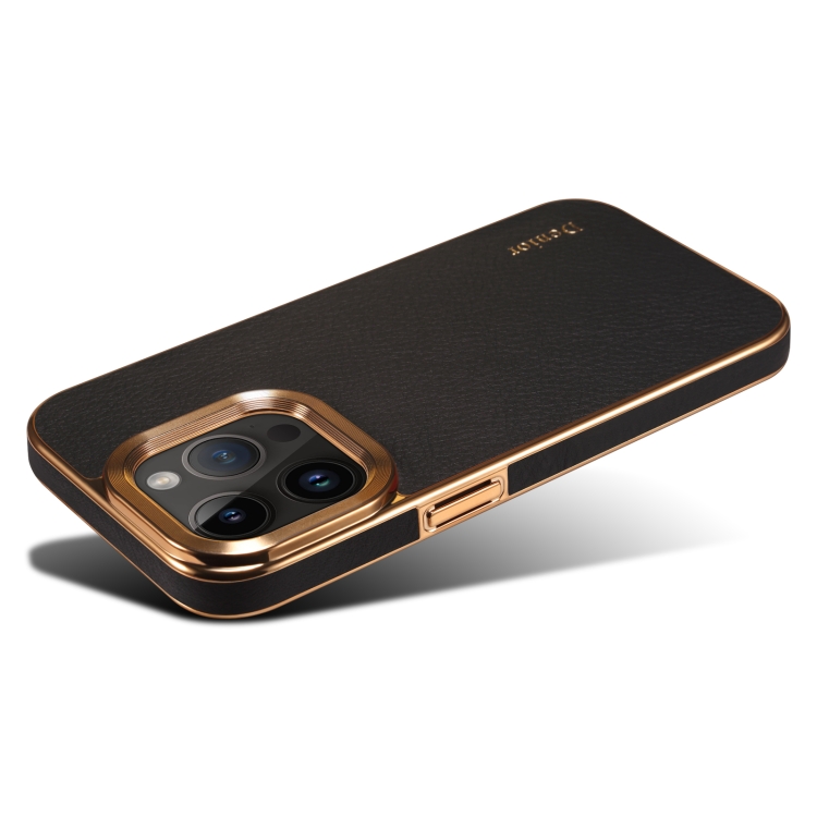 For iPhone 14 Plus Denior Cowhide Leather Plating Phone Case(Black) For iPhone 14 Plus Denior Cowhide Leather Plating Phone Case(Black)