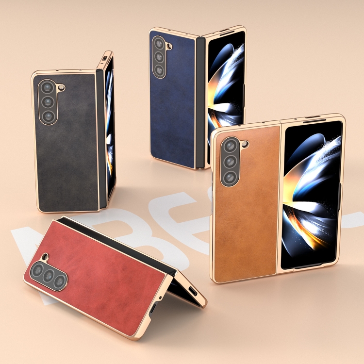 For Samsung Galaxy Z Fold5 Nano Electroplating Dual Color Cowhide Texture Protective Phone Case(Red) For Samsung Galaxy Z Fold5 Nano Electroplating Dual Color Cowhide Texture Protective Phone Case(Red)