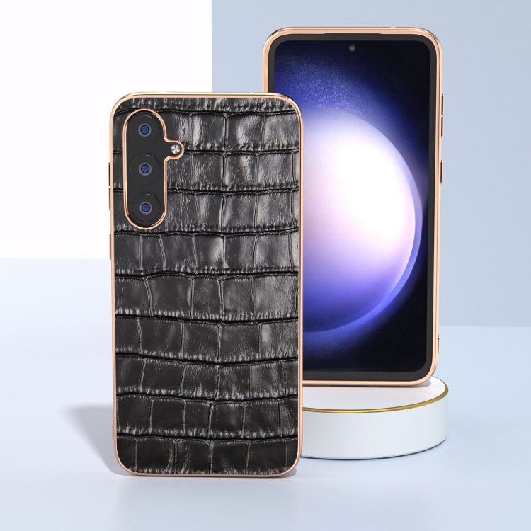 For Samsung Galaxy S23 FE 5G Crocodile Texture Genuine Leather Electroplating Phone Case(Black) For Samsung Galaxy S23 FE 5G Crocodile Texture Genuine Leather Electroplating Phone Case(Black)