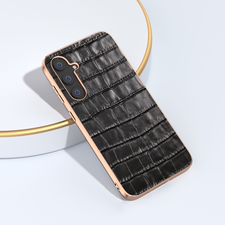 For Samsung Galaxy S23 FE 5G Crocodile Texture Genuine Leather Electroplating Phone Case(Black) For Samsung Galaxy S23 FE 5G Crocodile Texture Genuine Leather Electroplating Phone Case(Black)