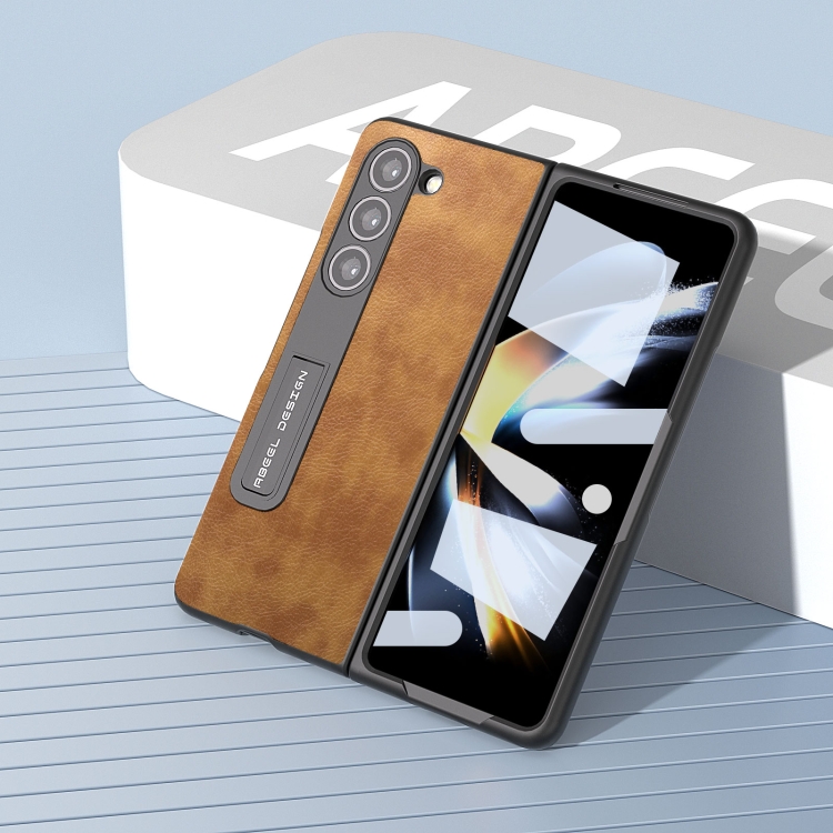 For Samsung Galaxy Z Fold5 Integrated Retro Litchi Texture PU Phone Case with Holder(Brown) For Samsung Galaxy Z Fold5 Integrated Retro Litchi Texture PU Phone Case with Holder(Brown)