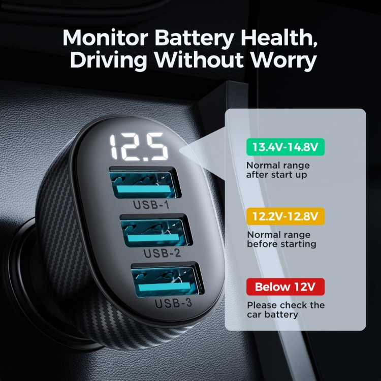 JOYROOM JR-CCD03 3.4A 3 x USB Ports Digital Display Car Charger(Black) JOYROOM JR-CCD03 3.4A 3 x USB Ports Digital Display Car Charger(Black)