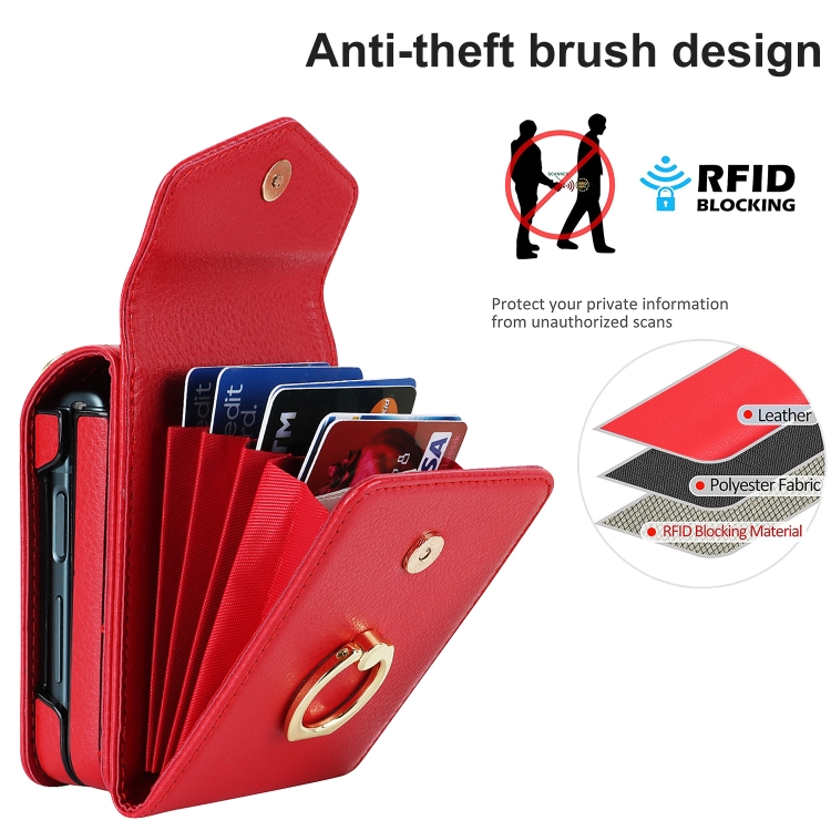 For Samsung Galaxy Z Flip4 Litchi Texture RFID Card Slot Phone Case with Ring Holder(Red) For Samsung Galaxy Z Flip4 Litchi Texture RFID Card Slot Phone Case with Ring Holder(Red)